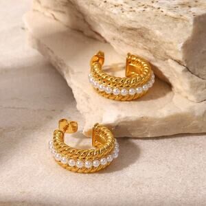 Pearl Vintage Woven C-Shape Hoop‎ Earrings 18K Gold Plated Stainless Steel